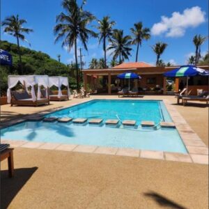 Cabana Beach Lodge的泳池区，棕榈树环绕，摆放着带遮阳篷的躺椅，莫桑比克托福附近 Cabo Conguiane 的 Rua Cabana Beach